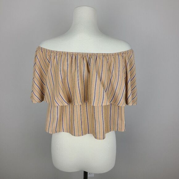 Urban Outfitters Kimchi Blue Tan Stripe Off The Shoulder Ruffle Top Small - Picture 9 of 16